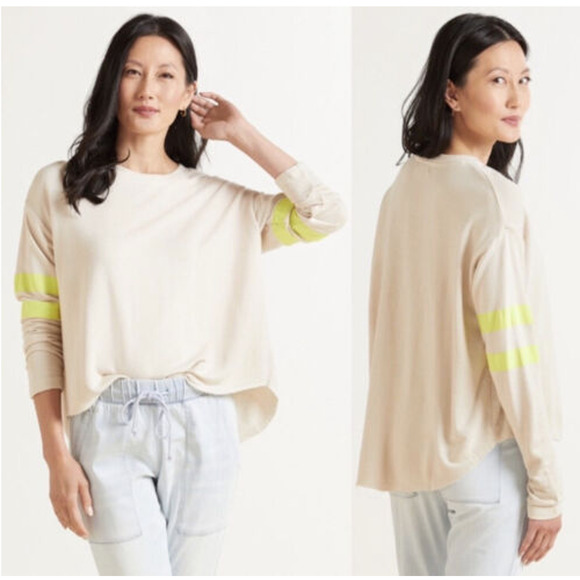 SUNDRY X EVEREVE NWT Ivory Trapeze Sweatshirt w/ Yellow Varsity Stripes // 3 (L) - Picture 1 of 8